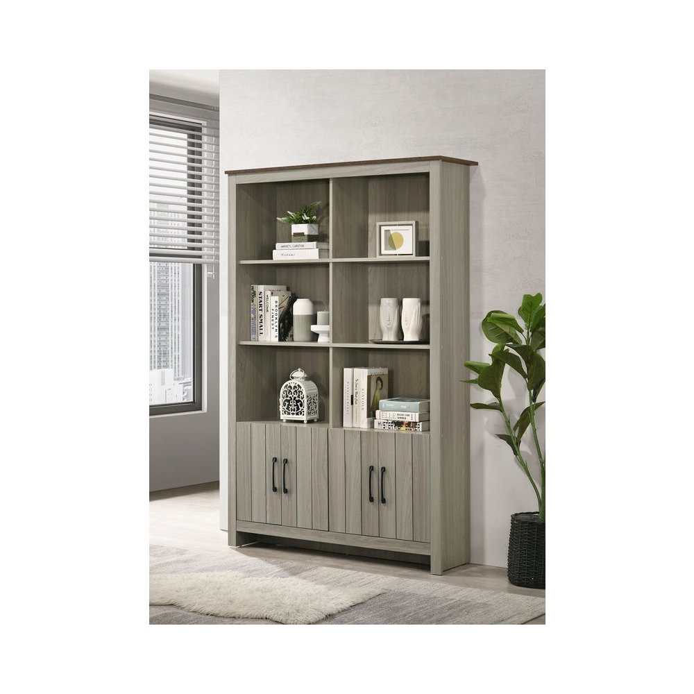 Nyla 47"W Gray Oak Bookcase Shelf with Cabinet Doors