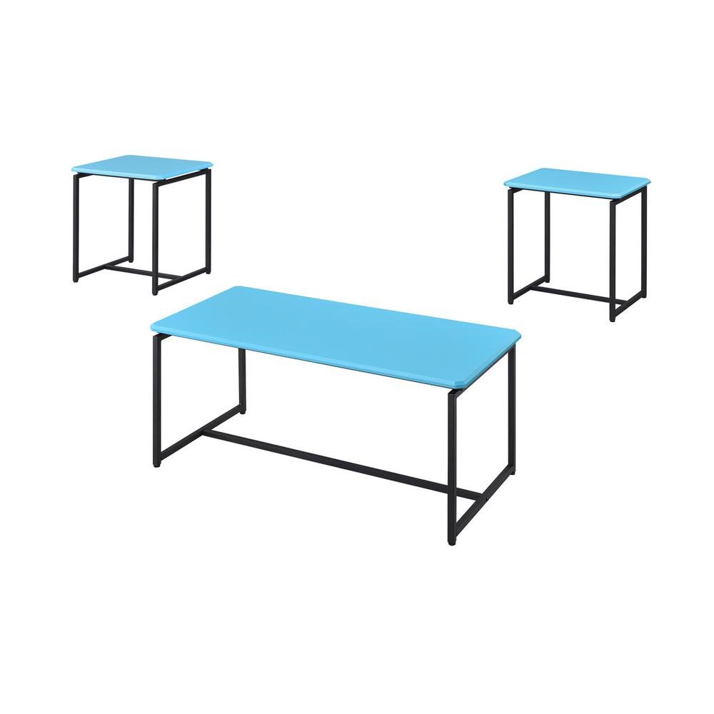 3 Piece Table Set, Carbon Fiber Wrap, Blue, Metal Frame