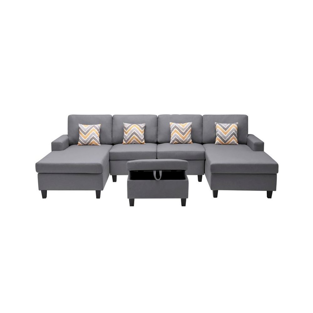 Nolan Gray Linen Fabric 5Pc Double Chaise Sectional Sofa with Interchangeable Legs, Storage Ottoman, and Pillows