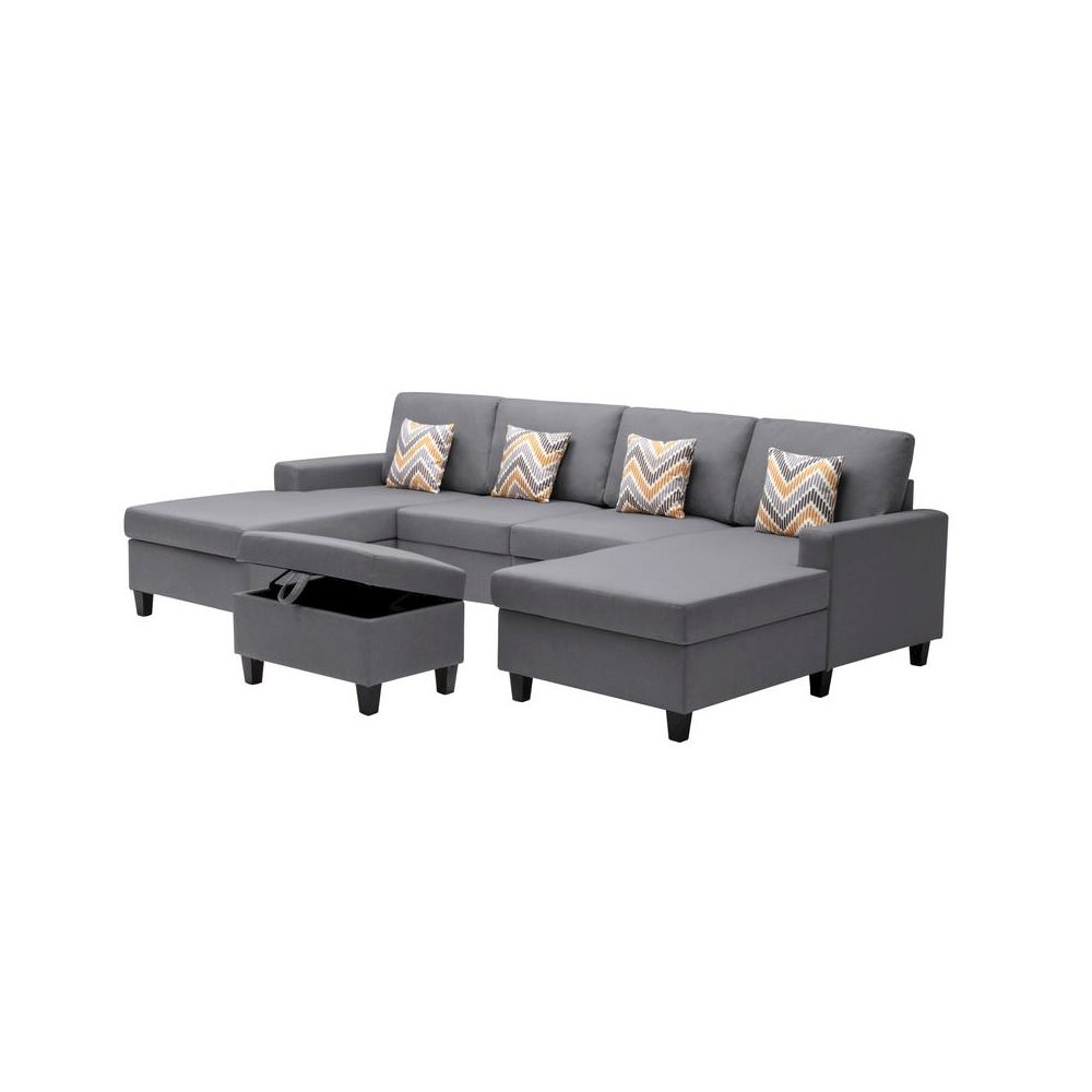 Nolan Gray Linen Fabric 5Pc Double Chaise Sectional Sofa with Interchangeable Legs, Storage Ottoman, and Pillows