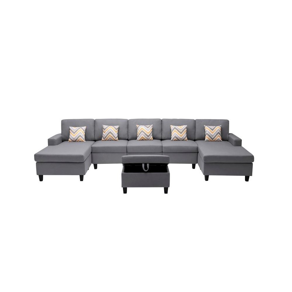 Nolan Gray Linen Fabric 6Pc Double Chaise Sectional Sofa with Interchangeable Legs, Storage Ottoman, and Pillows