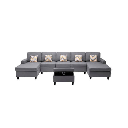 Nolan Gray Linen Fabric 6Pc Double Chaise Sectional Sofa with Interchangeable Legs, Storage Ottoman, and Pillows