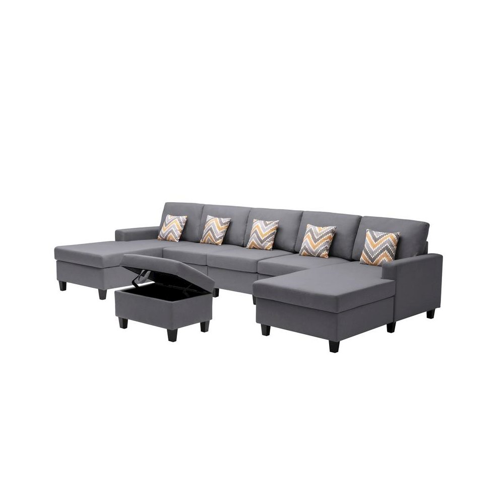 Nolan Gray Linen Fabric 6Pc Double Chaise Sectional Sofa with Interchangeable Legs, Storage Ottoman, and Pillows