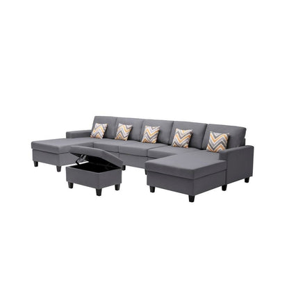 Nolan Gray Linen Fabric 6Pc Double Chaise Sectional Sofa with Interchangeable Legs, Storage Ottoman, and Pillows