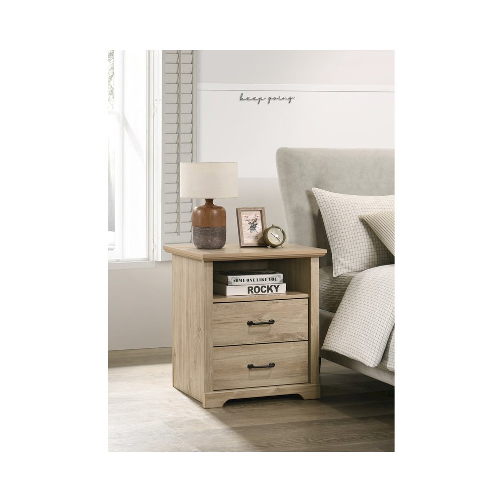 22"W Light Oak Finish 2-Drawer Nightstand Bedside Table with USB Charging  Ports
