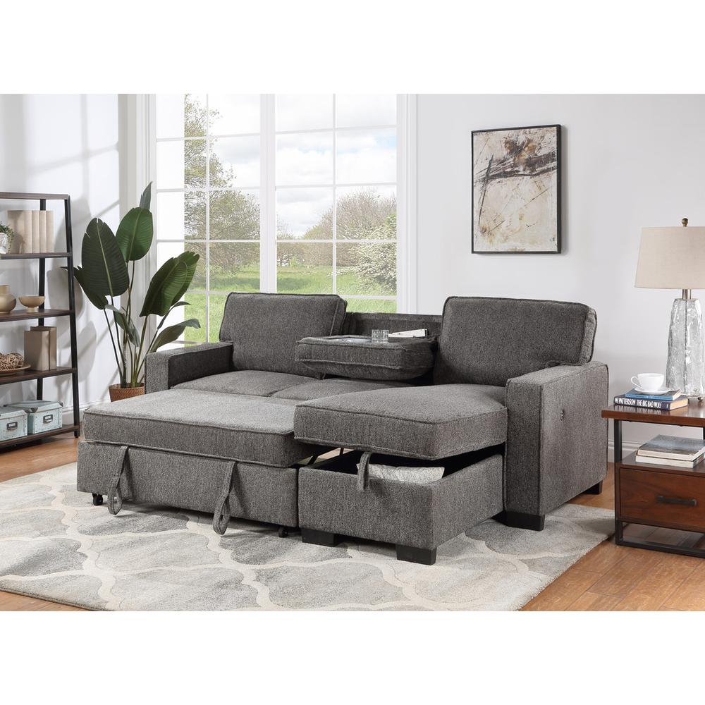 Estelle Dark Gray Fabric Reversible Sleeper Sectional with Storage Chaise Drop-Down Table 2 Cup Holders and 2 USB Ports