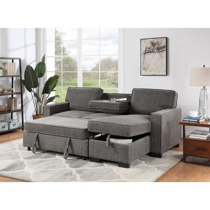 Estelle Dark Gray Fabric Reversible Sleeper Sectional with Storage Chaise Drop-Down Table 2 Cup Holders and 2 USB Ports