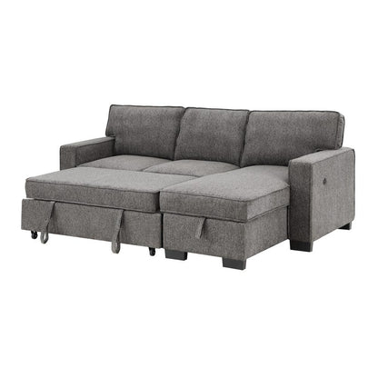 Estelle Dark Gray Fabric Reversible Sleeper Sectional with Storage Chaise Drop-Down Table 2 Cup Holders and 2 USB Ports
