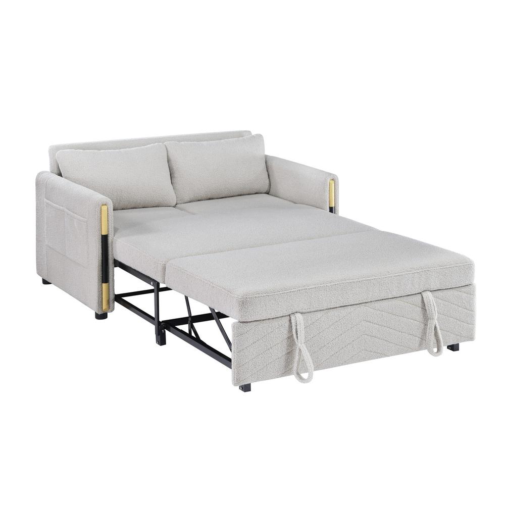 Beige Teddy Velvet Sleeper Loveseat with Side Pockets