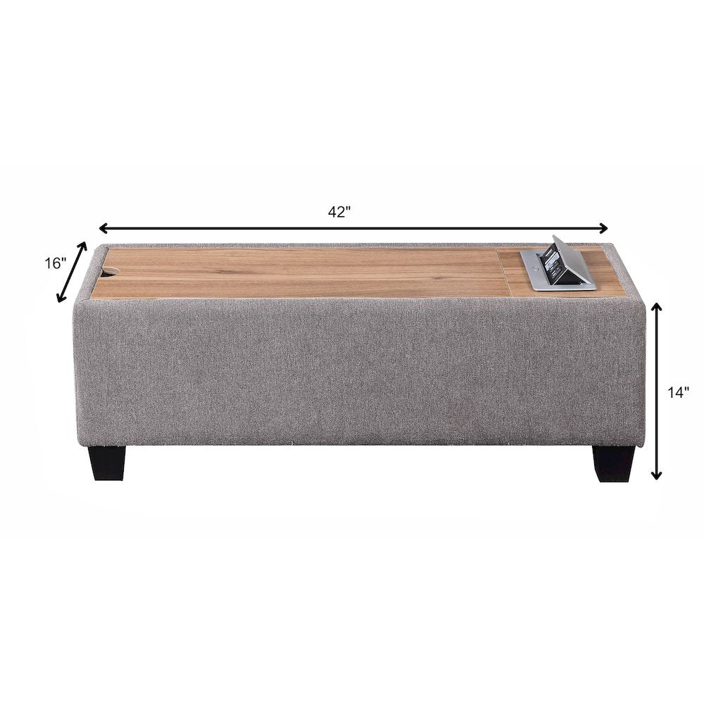 Light Gray Upholstered Storage Ottoman Console Table with Wooden Top