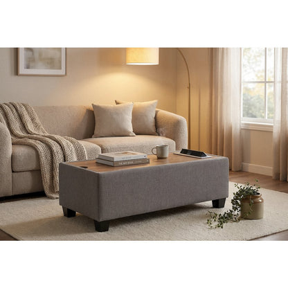 Light Gray Upholstered Storage Ottoman Console Table with Wooden Top