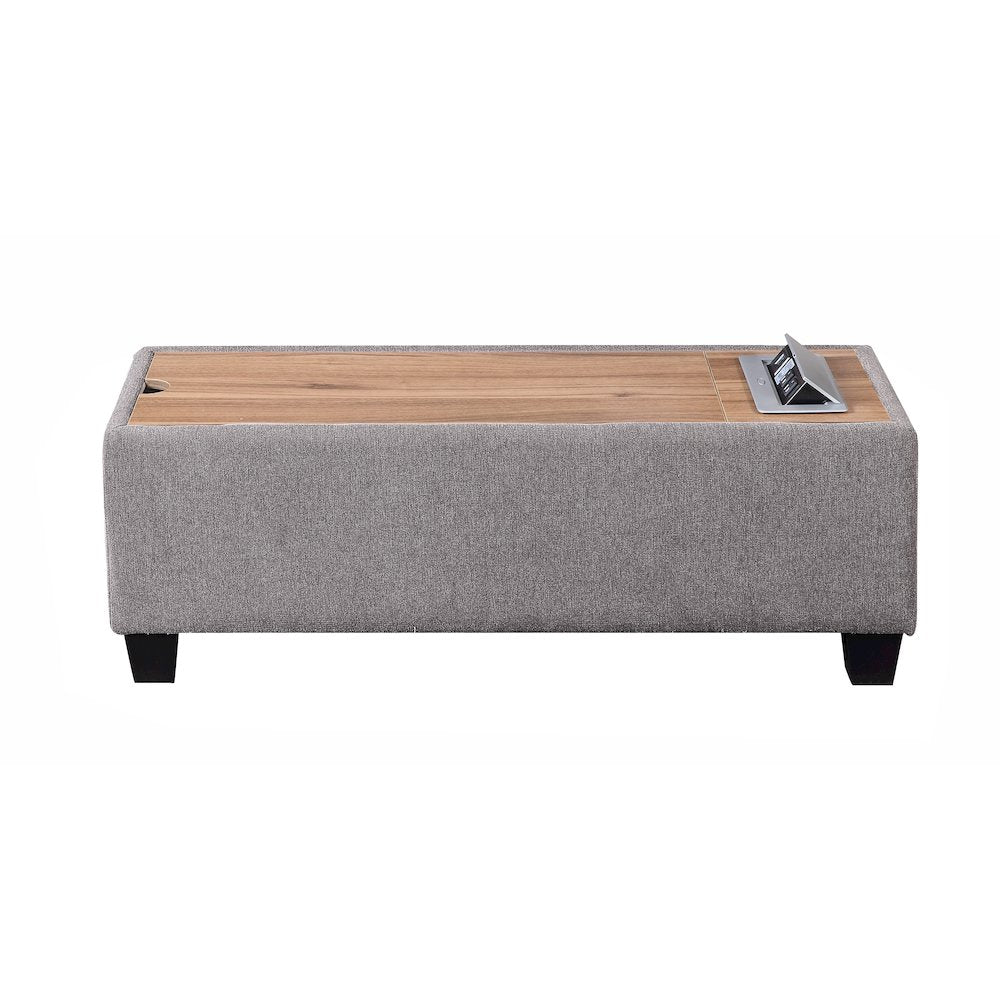 Light Gray Upholstered Storage Ottoman Console Table with Wooden Top