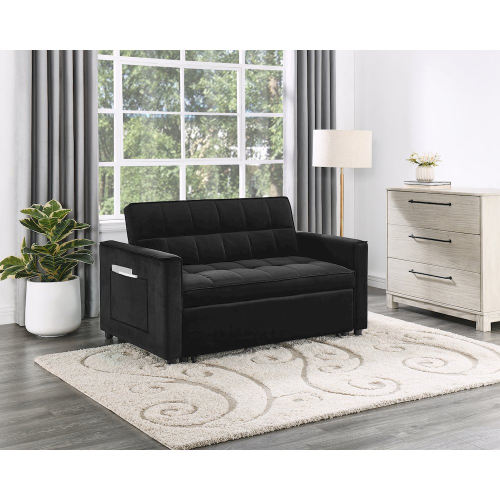 53.5"W Black Velvet Convertible Sleeper Loveseat with Tufting