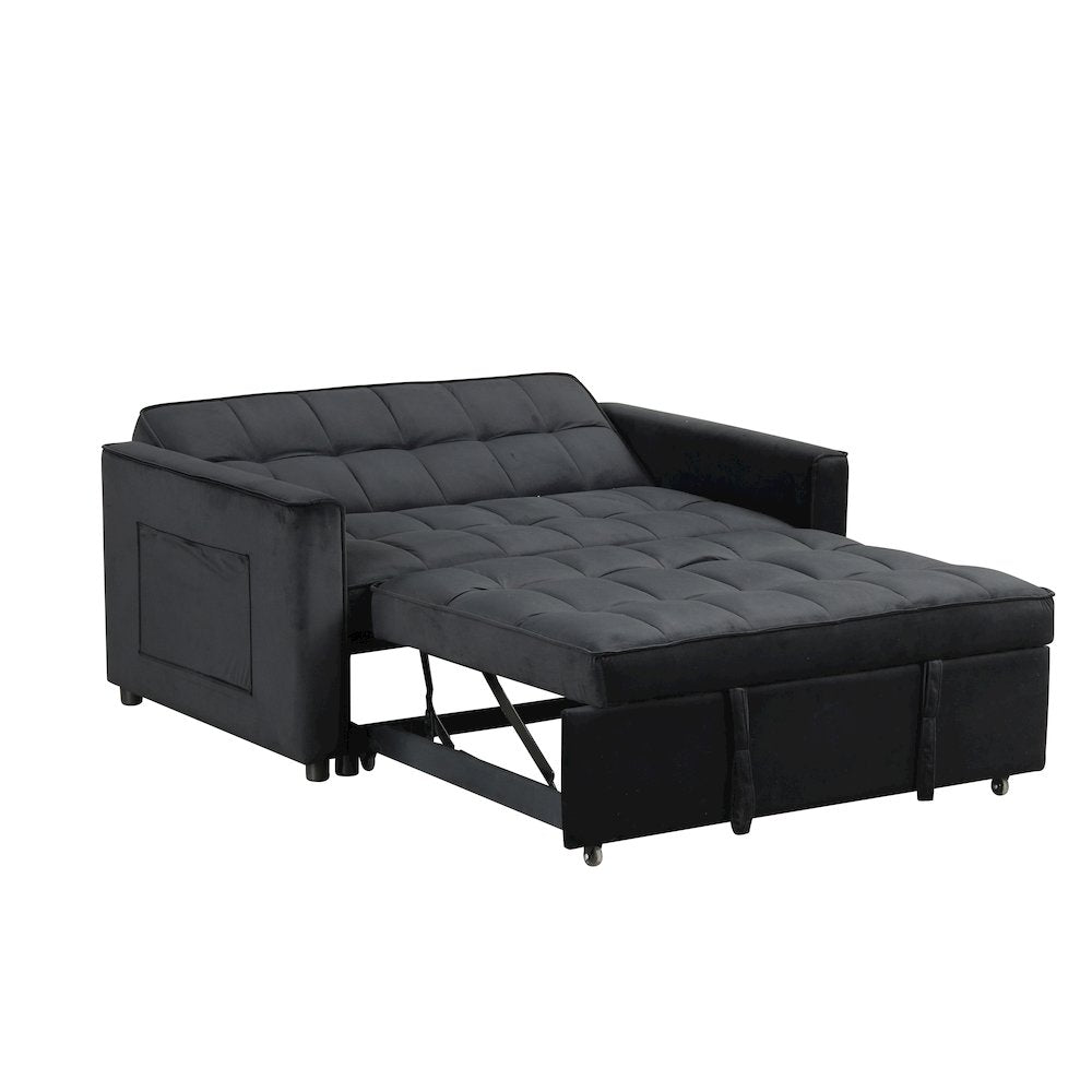 53.5"W Black Velvet Convertible Sleeper Loveseat with Tufting