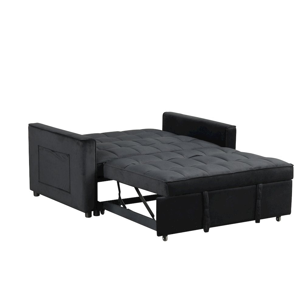 53.5"W Black Velvet Convertible Sleeper Loveseat with Tufting