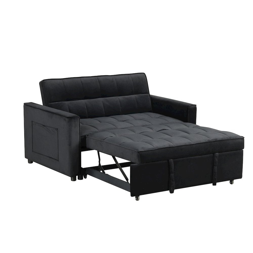 53.5"W Black Velvet Convertible Sleeper Loveseat with Tufting