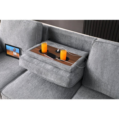 91"W Light Gray Chenille Fabric Reversible Sleeper Sectional with Storage Chaise