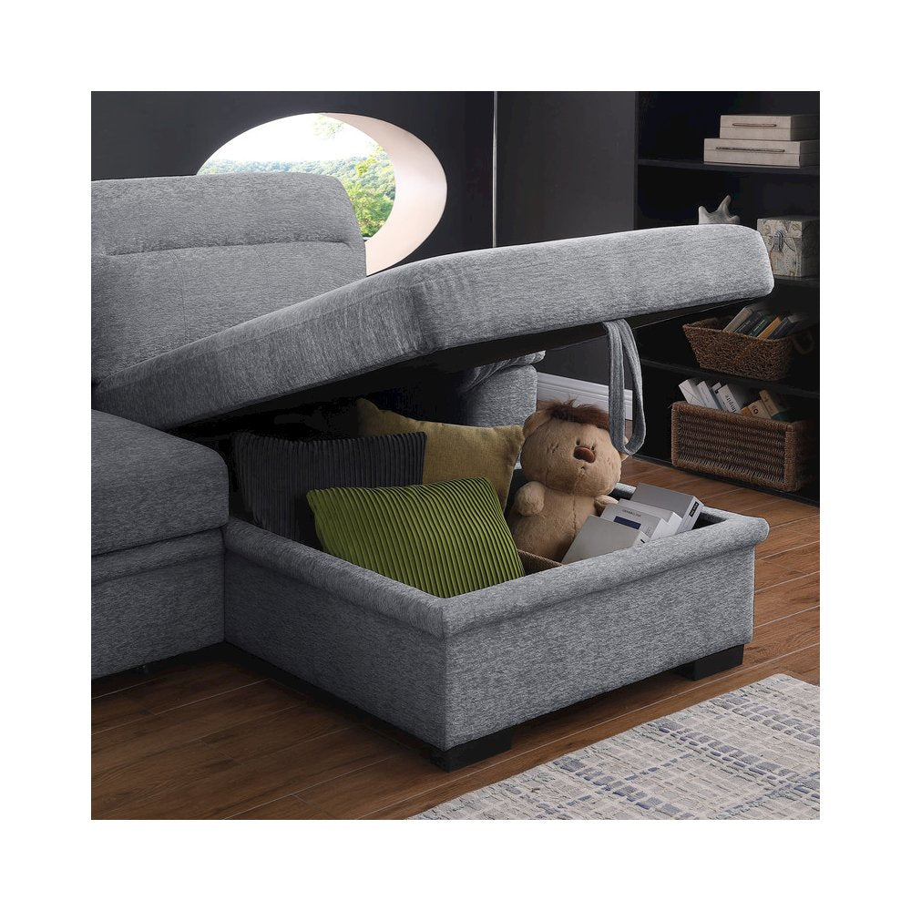 94"W Light Gray Chenille Fabric Sleeper Sectional Sofa with Right-Facing Chaise