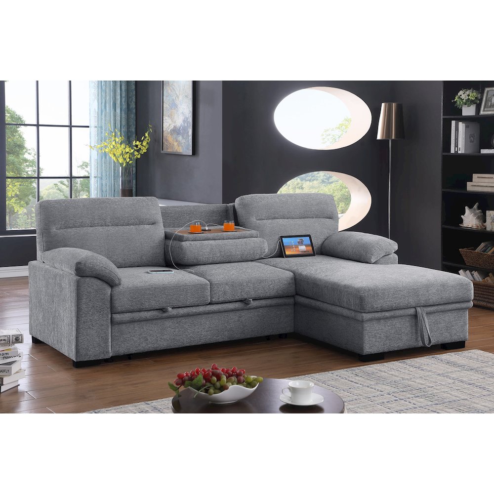 94"W Light Gray Chenille Fabric Sleeper Sectional Sofa with Right-Facing Chaise