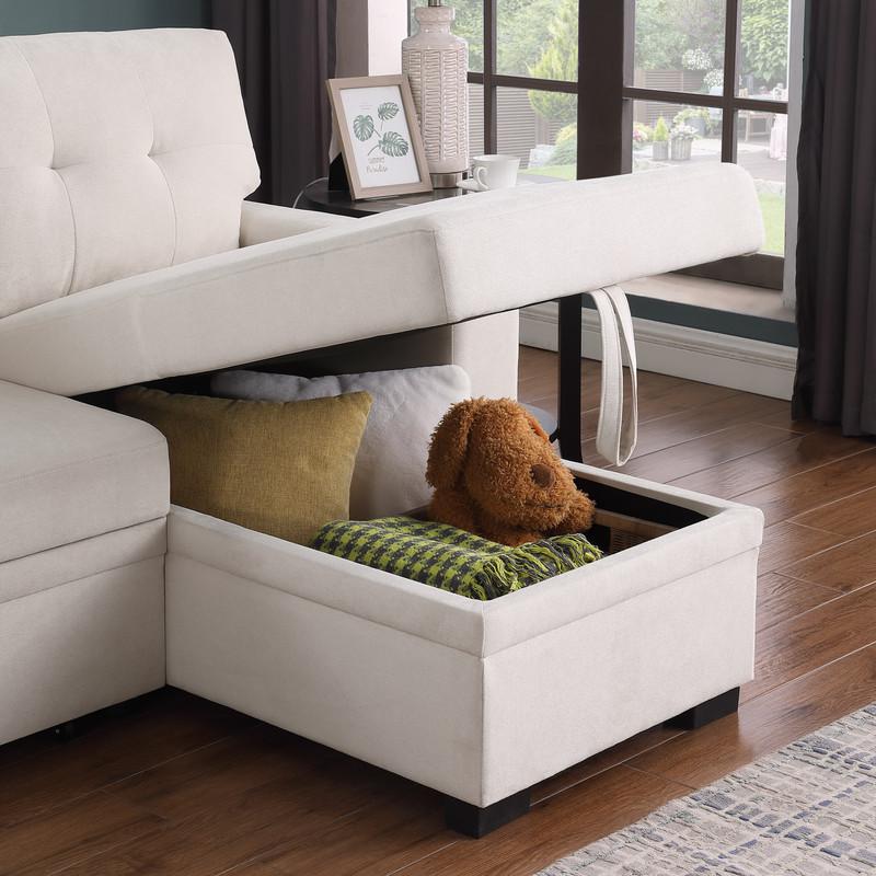 84.5"W Beige Woven Fabric Reversible Sleeper Sectional Sofa