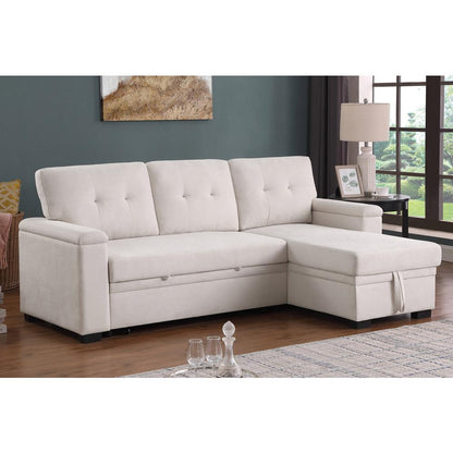 84.5"W Beige Woven Fabric Reversible Sleeper Sectional Sofa