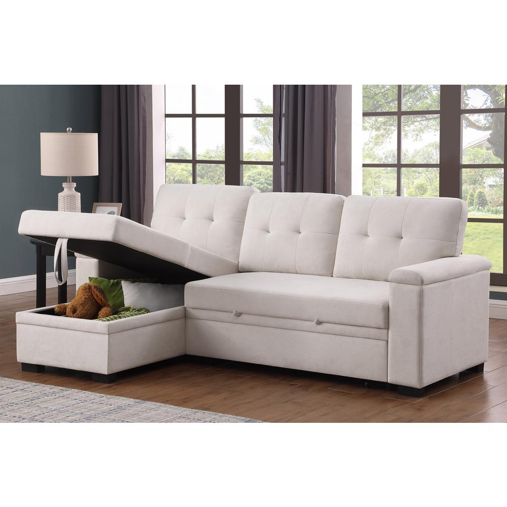 84.5"W Beige Woven Fabric Reversible Sleeper Sectional Sofa