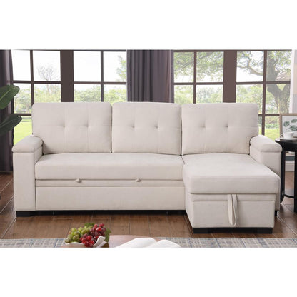 84.5"W Beige Woven Fabric Reversible Sleeper Sectional Sofa