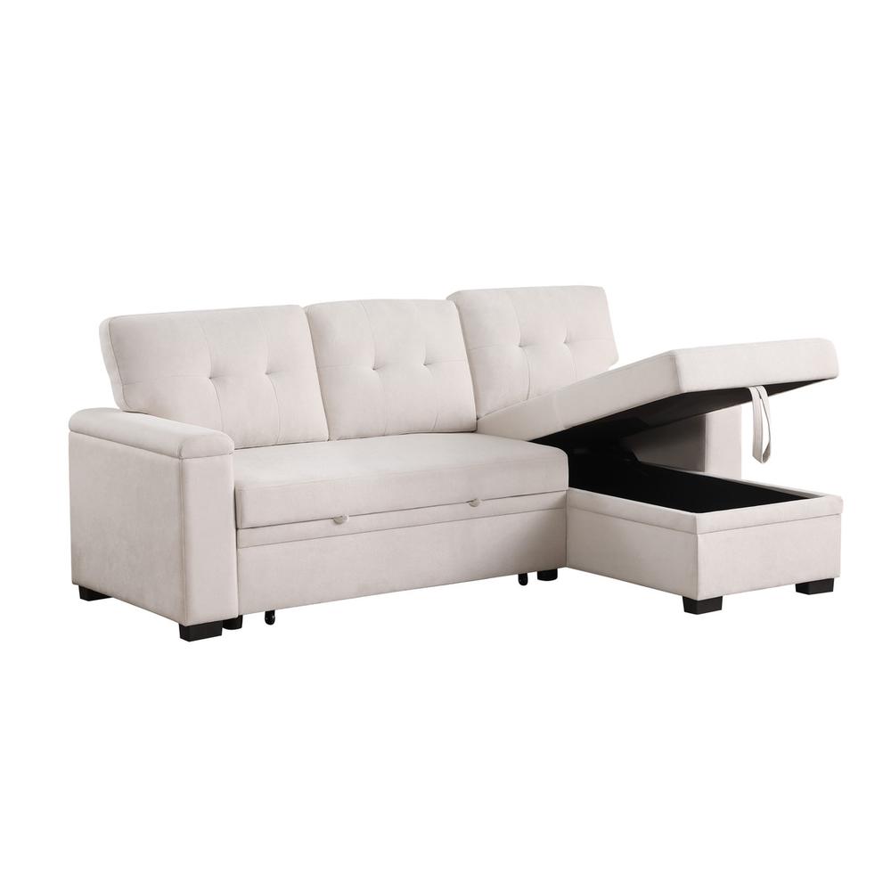 84.5"W Beige Woven Fabric Reversible Sleeper Sectional Sofa
