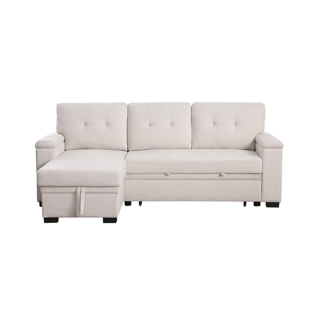 84.5"W Beige Woven Fabric Reversible Sleeper Sectional Sofa