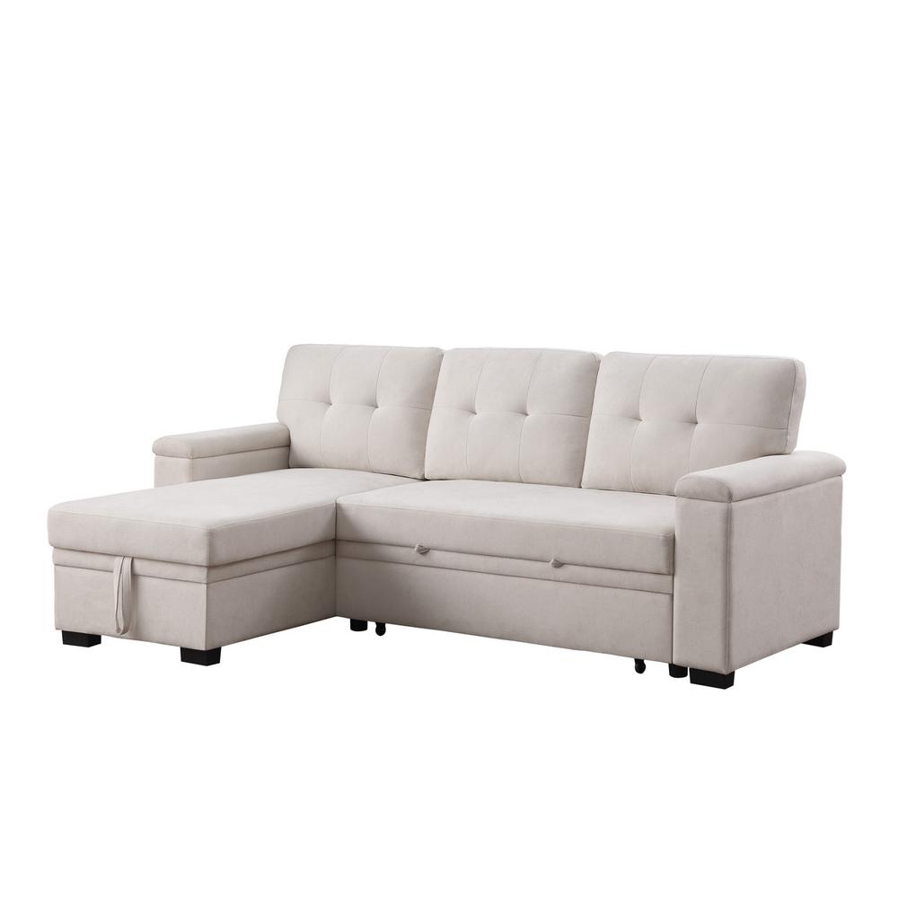 84.5"W Beige Woven Fabric Reversible Sleeper Sectional Sofa