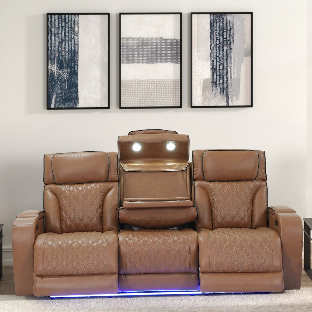 86" Light Brown Leather Aire Transformer Power Reclining Sofa, Power Headrest