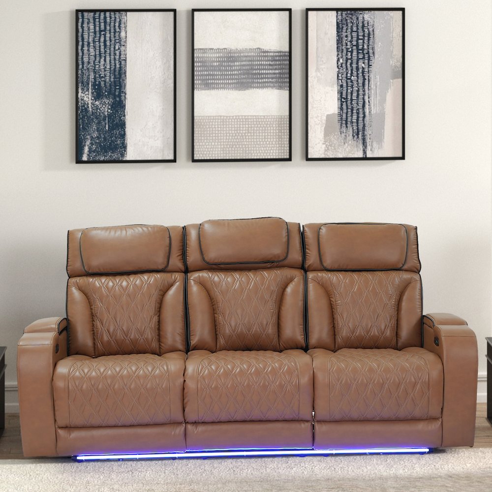 86" Light Brown Leather Aire Transformer Power Reclining Sofa, Power Headrest
