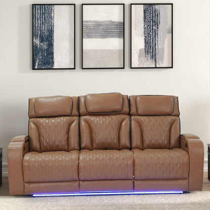 86" Light Brown Leather Aire Transformer Power Reclining Sofa, Power Headrest