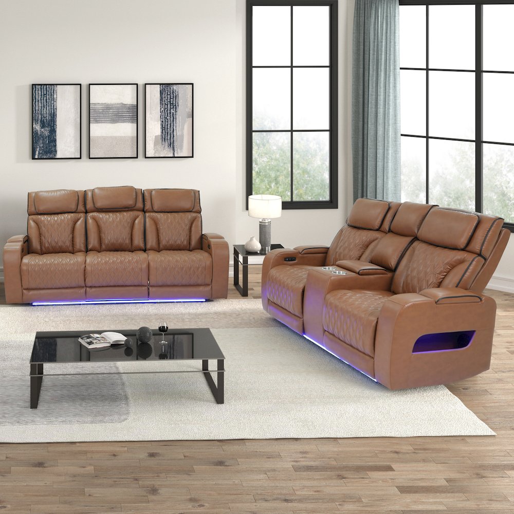 Light Brown Leather Aire Transformer Power Reclining Sofa & Loveseat, Set