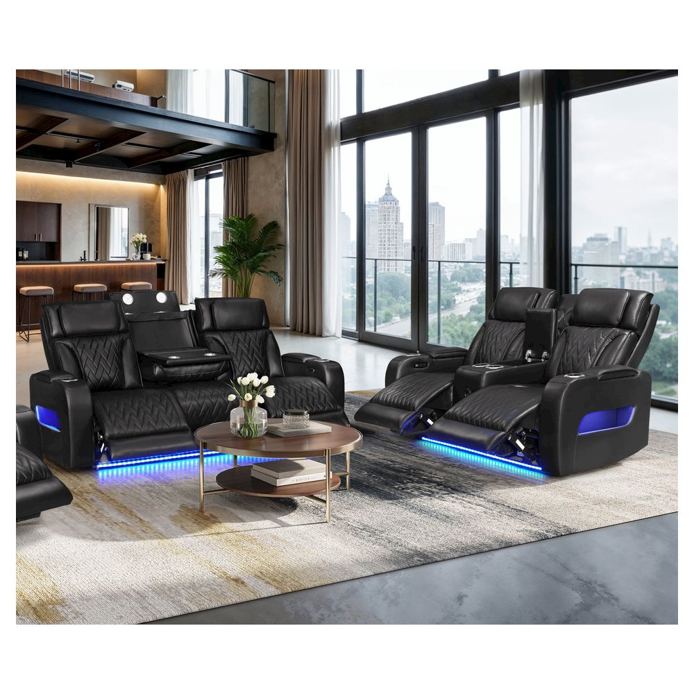 Black Leather Aire Transformer Power Reclining Sofa & Loveseat Living Room Set