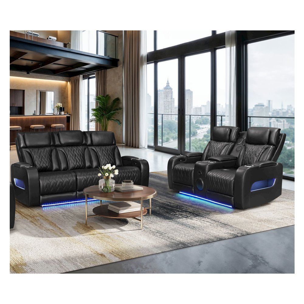 Black Leather Aire Transformer Power Reclining Sofa & Loveseat Living Room Set