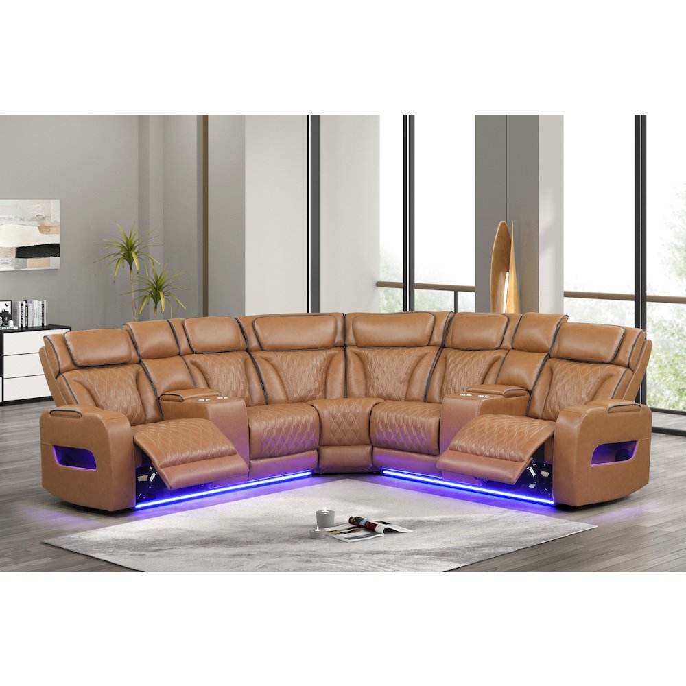 116" Light Brown Leather Aire Transformer Power Reclining Sectional Sofa