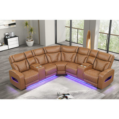 116" Light Brown Leather Aire Transformer Power Reclining Sectional Sofa