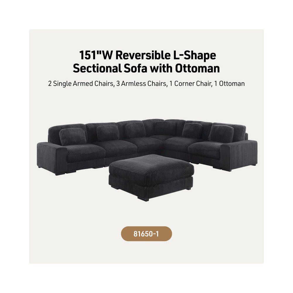 151"W Corduroy Fabric Reversible L-Shape Modular Sectional Sofa with Ottoman