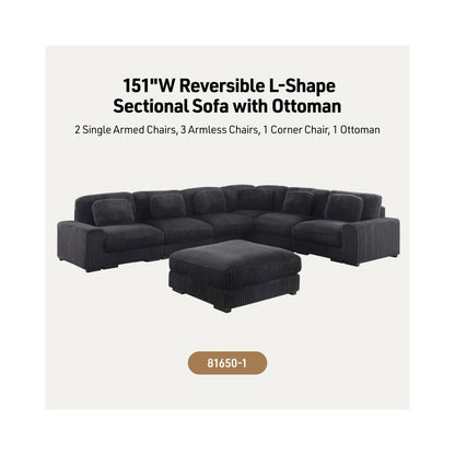 151"W Corduroy Fabric Reversible L-Shape Modular Sectional Sofa with Ottoman