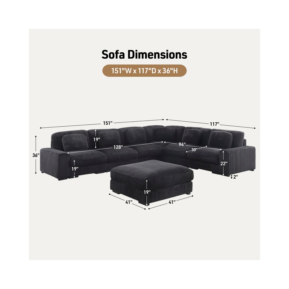 151"W Corduroy Fabric Reversible L-Shape Modular Sectional Sofa with Ottoman