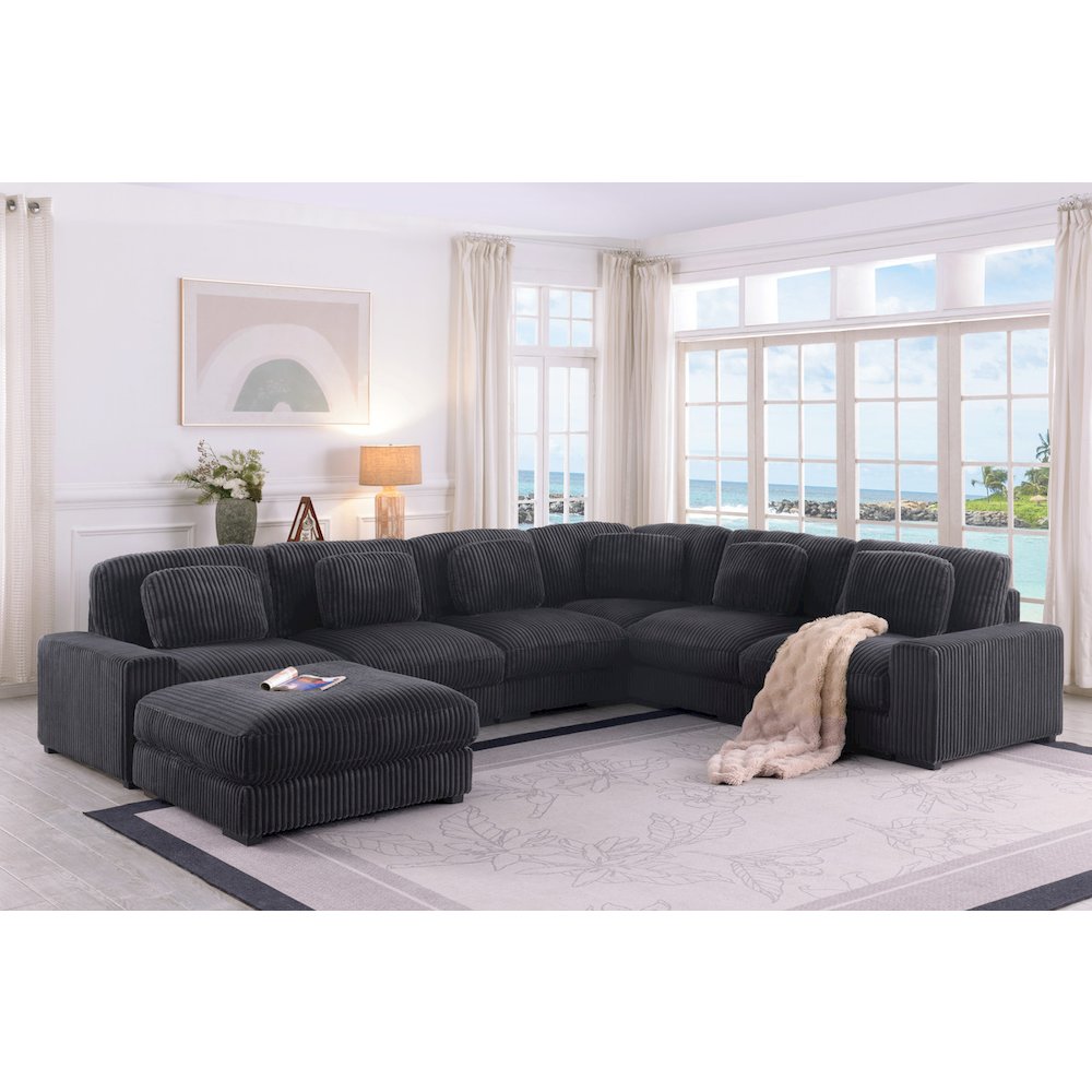 151"W Corduroy Fabric Reversible L-Shape Modular Sectional Sofa with Ottoman