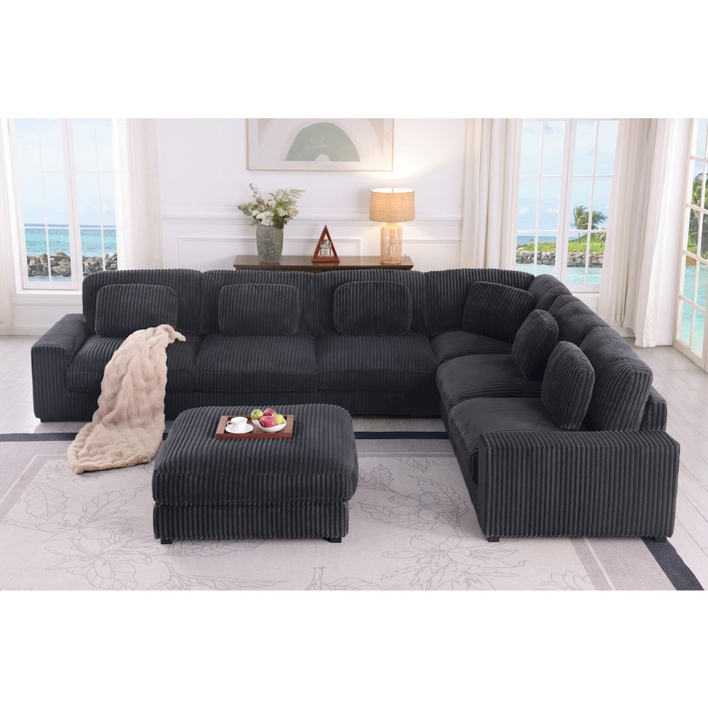 151"W Corduroy Fabric Reversible L-Shape Modular Sectional Sofa with Ottoman