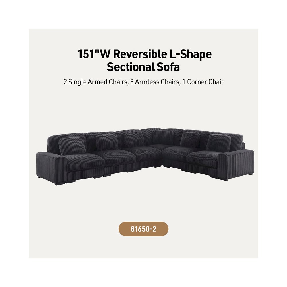 Sloane 151"W Charcoal Corduroy Fabric Reversible L-Shape Modular Sectional Sofa