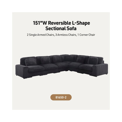 Sloane 151"W Charcoal Corduroy Fabric Reversible L-Shape Modular Sectional Sofa