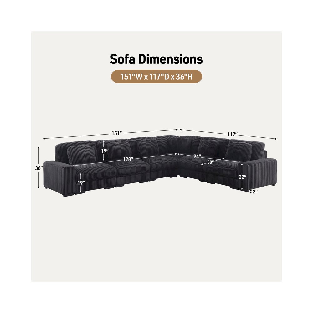 Sloane 151"W Charcoal Corduroy Fabric Reversible L-Shape Modular Sectional Sofa
