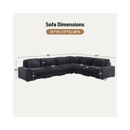 Sloane 151"W Charcoal Corduroy Fabric Reversible L-Shape Modular Sectional Sofa