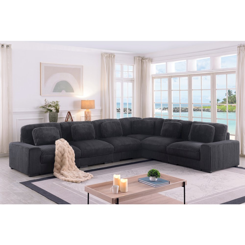 Sloane 151"W Charcoal Corduroy Fabric Reversible L-Shape Modular Sectional Sofa