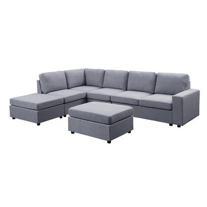 Marley Light Gray Linen 7 Seat Reversible Modular Sectional Sofa with Ottoman
