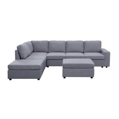 Marley Light Gray Linen 7 Seat Reversible Modular Sectional Sofa with Ottoman